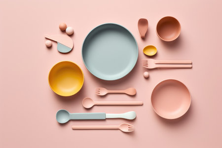 Colorful kitchen utensils on pastel background. Top viewの素材