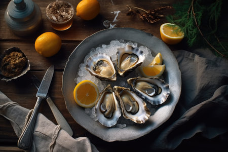 Fresh oysters with lemon and ice on wooden background, top viewの素材