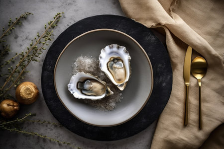 Fresh oysters on a plate with golden cutlery and napkinの素材
