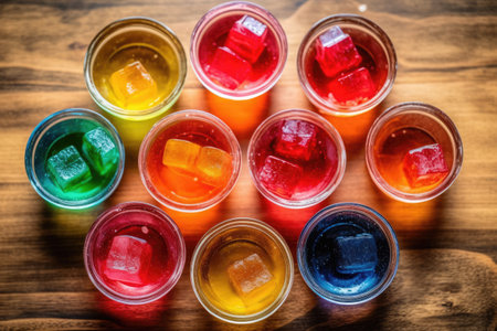 Colorful fruit jelly in glass cups on wooden table, top viewの素材
