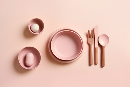 Easter table setting with plates, cutlery and eggs on pastel pink backgroundの素材