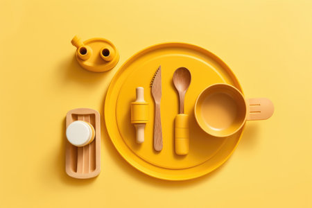 Kitchen utensils on yellow background. Top view, flat layの素材