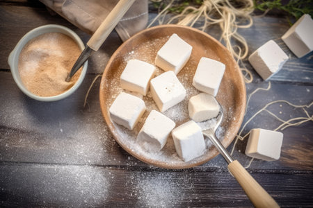 Sugar cubes and sugar cubes on a wooden background, top viewの素材