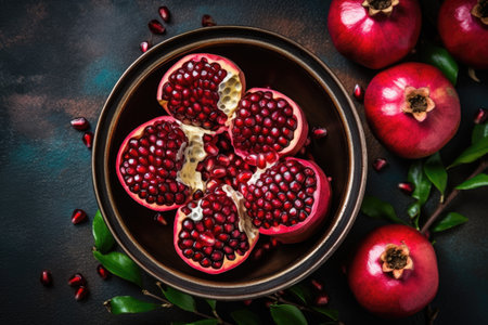 Ripe pomegranate fruit with green leaves on dark backgroundの素材