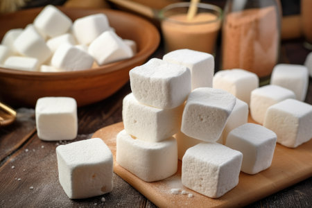 Sugar cubes on a cutting board on a rustic wooden tableの素材