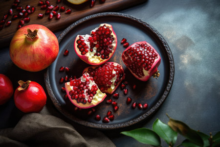 Ripe pomegranate fruit on a dark rustic backgroundの素材
