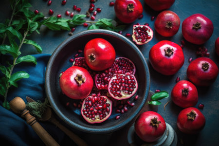 Ripe pomegranate fruit on a dark rustic backgroundの素材