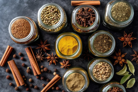 Spices and herbs in glass jars on dark background, top viewの素材