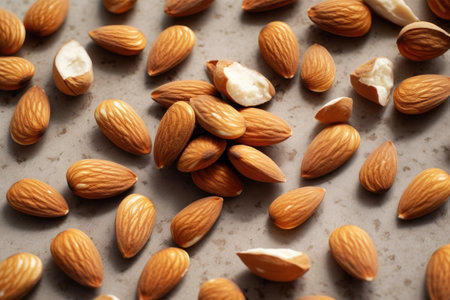 Almond nuts on grey background, top view. Healthy food conceptの素材