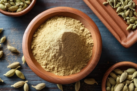 Raw cardamom powder in wooden bowl and cardamom on wooden background.の素材