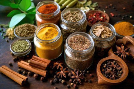 Spices and herbs on wooden background. Food and cuisine ingredients.の素材