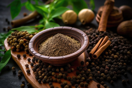 Spices and herbs on a black wooden background. Food and cuisine ingredients.の素材