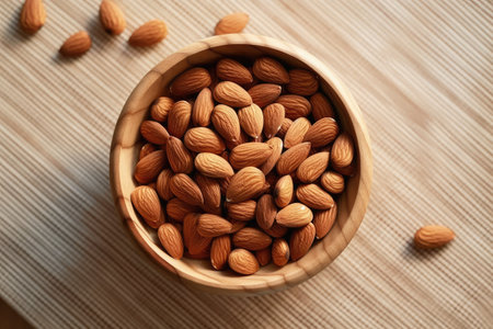 Almond nuts in wooden bowl on wooden background. Top view.の素材