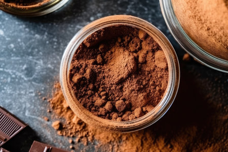 Cocoa powder in a glass jar on a dark background.の素材