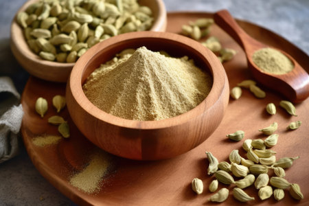 Raw cardamom seeds in wooden bowl and spoon on wooden boardの素材