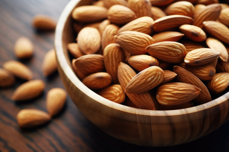 Almond nuts in wooden bowl on wooden background. Close up.の素材