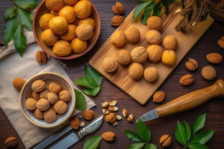 Walnuts, hazelnuts, almonds and pecans on a wooden background.の素材