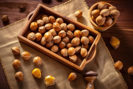 Hazelnuts in wooden bowl on sackcloth and wooden background.の素材