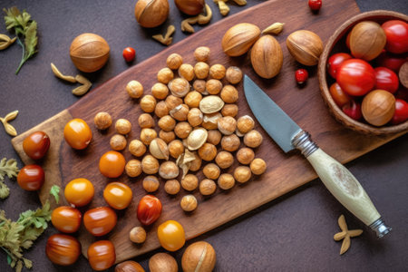 Various kinds of nuts on wooden cutting board with knife on dark backgroundの素材