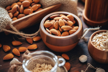 Almond nuts in a wooden bowl on a wooden table. Almond in a wooden bowl.の素材