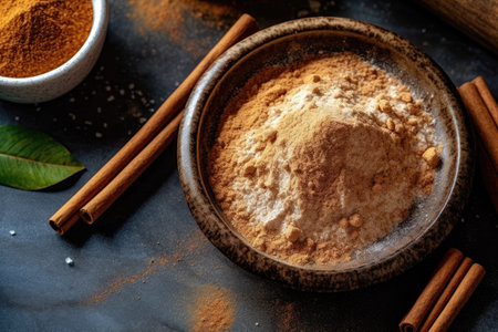 Cinnamon powder in a bowl and cinnamon sticks on a black backgroundの素材