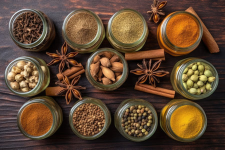 Spices and herbs on wooden background. Food and cuisine ingredients.の素材