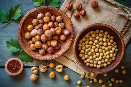 Hazelnuts, hazelnuts, hazelnuts and chickpeas on wooden backgroundの素材