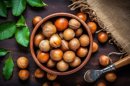 Hazelnuts in a wooden bowl on a dark wooden background.の素材