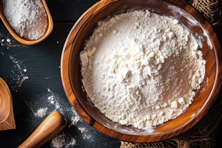 Flour in a wooden bowl on a black background, top viewの素材