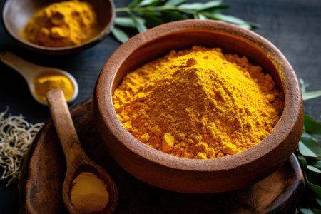 Turmeric powder in wooden bowl and fresh turmeric on black backgroundの素材