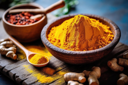 Turmeric powder in wooden bowl and fresh turmeric on wooden backgroundの素材