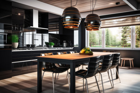 Luxury modern kitchen interior with black and wooden walls, wooden floor, dark wooden countertops and dining table with black chairs. 3d rendering mock upの素材