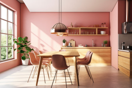 Interior of modern kitchen with pink walls, concrete floor, wooden cupboards and wooden table with chairs. 3d renderingの素材