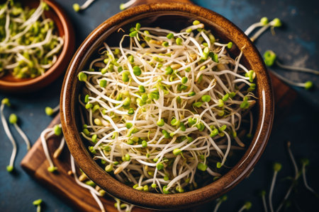 Sprouts of alfalfa and soybean sprouts in wooden bowl on blue background.の素材