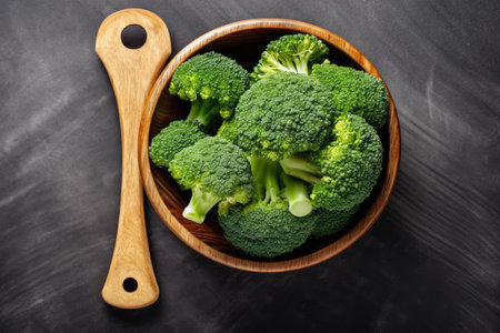 broccoli in a wooden bowl on a black background, top viewの素材
