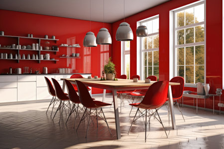 3d Illustration of red modern dining room in a house with a beautiful designの素材