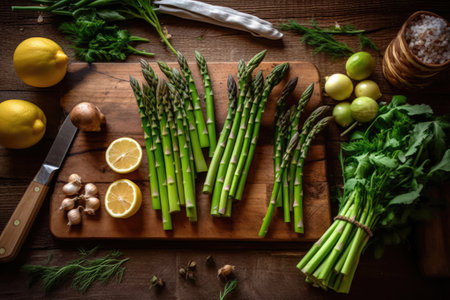 Green asparagus with lemons and herbs on a wooden boardの素材