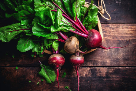Fresh beetroots on rustic wooden table. Top view with copy spaceの素材