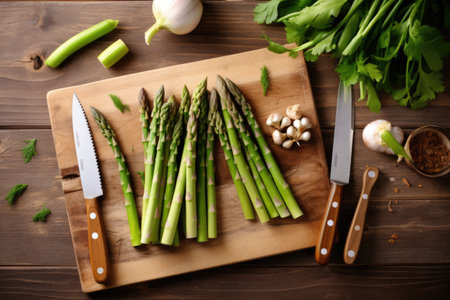Bunch of fresh green asparagus and garlic on cutting boardの素材