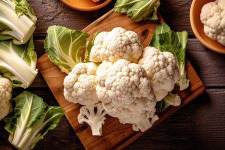 Cauliflower on cutting board on brown wooden background, top viewの素材