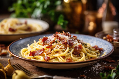 Spaghetti carbonara with bacon and parmesan on wooden backgroundの素材
