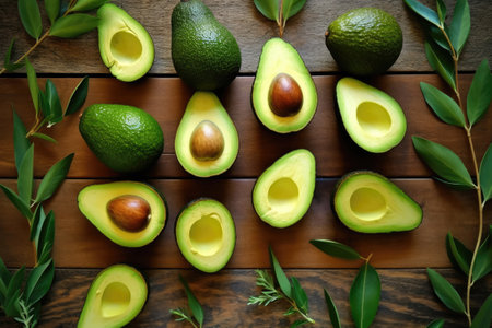 Avocado on wooden background. Top view. Healthy food concept.の素材