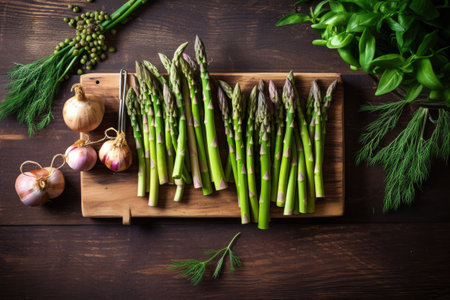 Fresh green asparagus with garlic and dill on wooden backgroundの素材