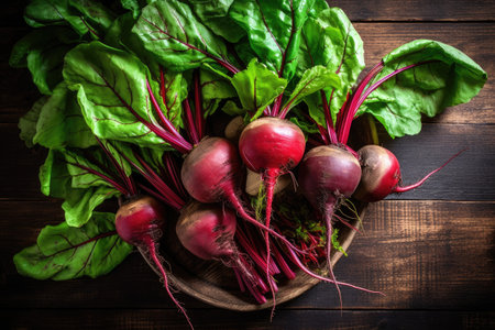 Fresh beetroots with leaves on wooden background. Selective focus.の素材
