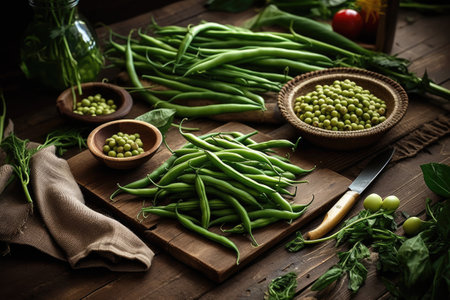 Green beans and peas on a wooden background. Vegetarian food.の素材