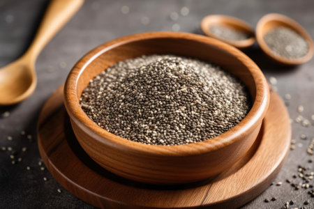 Chia seeds in wooden bowl and spoon on black stone background.の素材