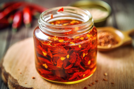 Red hot chili pepper in a glass jar on a wooden table.の素材