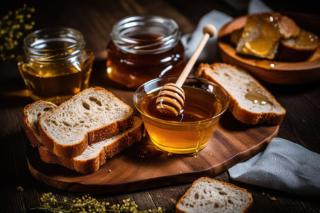 Honey and bread on a wooden background. Selective focus.の素材