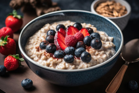 Oatmeal porridge with fresh berries in blue bowl on dark backgroundの素材