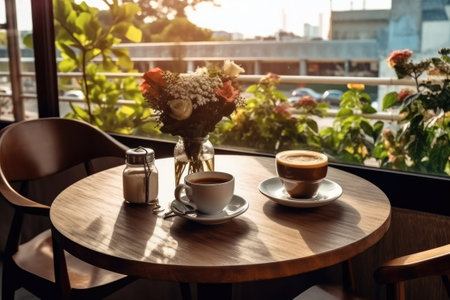 Coffee cup on wooden table in coffee shop, stock photoの素材